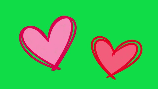 2D Hand Drawn Two Pink and Red Hearts Line Art Animation Overlay on Green Screen Background