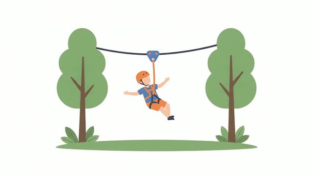 Child enjoys a fun zipline adventure through a lush forest setting, demonstrating active play and outdoor recreation while moving along a secure cable system between two tall green leafy trees.