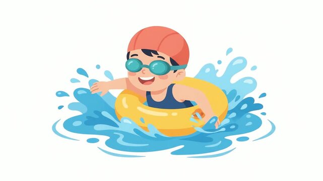 Child wearing a swimming cap and goggles splashes in the water while floating inside a bright yellow inflatable ring during a summer vacation at the local swimming pool or beach resort area.