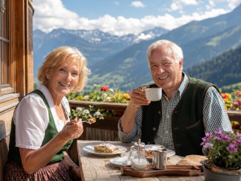 Gl&uuml;ckliches Seniorenpaar genie&szlig;t Kaffee und frischen Apfelstrudel auf einer sonnigen Almterrasse mit herrlichem Bergpanorama im Zillertal in Tirol, &Ouml;sterreich.
