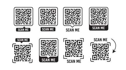 Fototapeta premium Scan me qr code icon vector illustration, fake qr code template design, qr scanner symbol set, scannable code placeholder, digital payment and mobile scanning technology