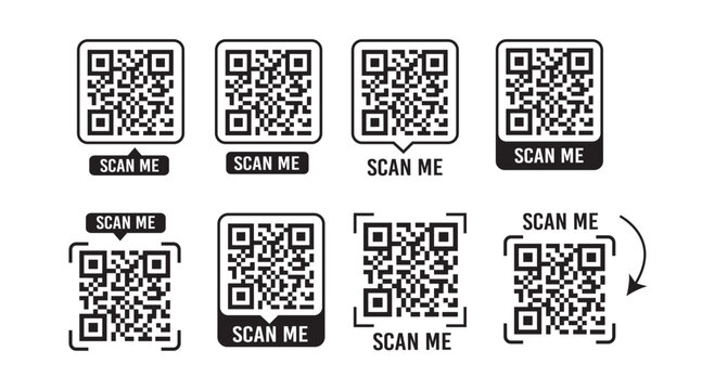 Scan me qr code icon vector illustration, fake qr code template design, qr scanner symbol set, scannable code placeholder, digital payment and mobile scanning technology