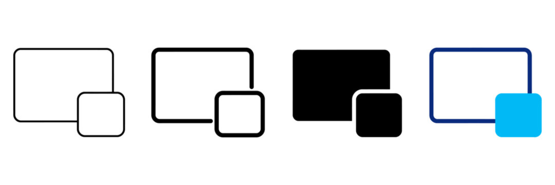 Picture in picture icon set, video overlay display symbols, screen multitasking interface elements for web and app design