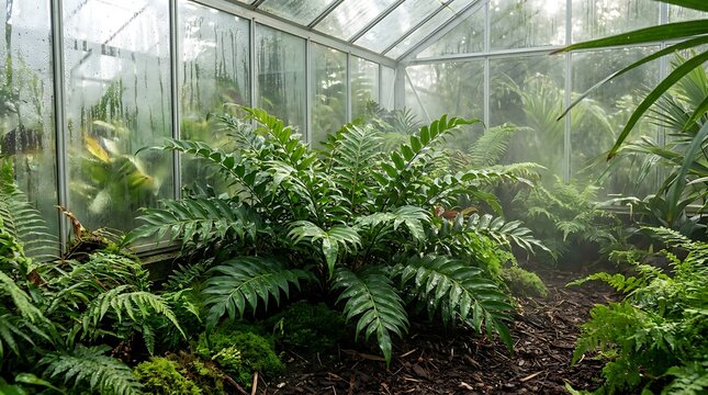 A vibrant cyrtomium falcatum fern thriving inside a steamy glass greenhouse filled with lush botanical foliage