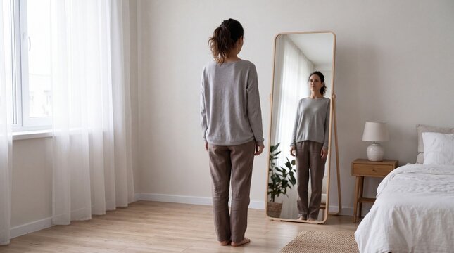 Woman standing before full length mirror examining personal appearance body shape reflection self awareness wellness lifestyle fitness journey body image confidence healthy living self assessment post