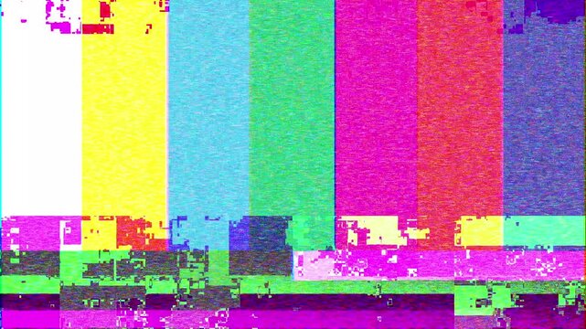 Color Bars Glitch Distortion. TV Test Pattern Signal Noise. Retro Glitching Color Bars Transition. Broken Television Static.