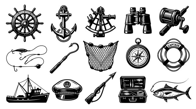 Nautical Symbols: Ship Wheel, Anchor, Sextant, Binoculars, Fishing Gear, Boat, Fish, Vector Art