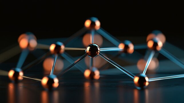 Interconnected glass nodes forming a symmetrical network with blue and bronze highlights
