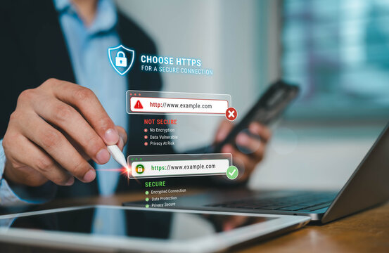 Cybersecurity concept comparing HTTP and HTTPS connections, showing secure encryption, data protection and privacy versus vulnerable unencrypted web access, online security risks and safe browsing.