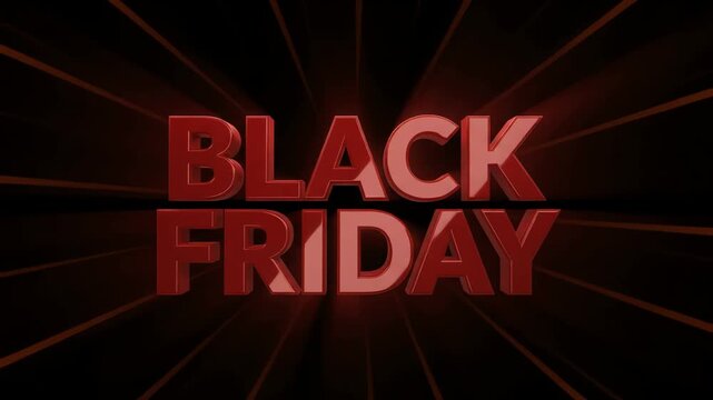 Black Friday text appears in bold red three-dimensional letters against a dark background with light rays, signaling a commercial event designed to drive retail sales and consumer engagement.