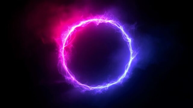Neon pink plus blue energy portal surrounded by lightning, plasma circle, dimensional gateway effect for futuristic digital media