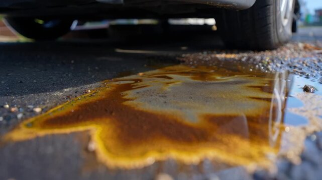 Engine oil leak pooled beneath a dark vehicle on asphalt, automotive maintenance fault, petroleum contamination with cleanup requirement