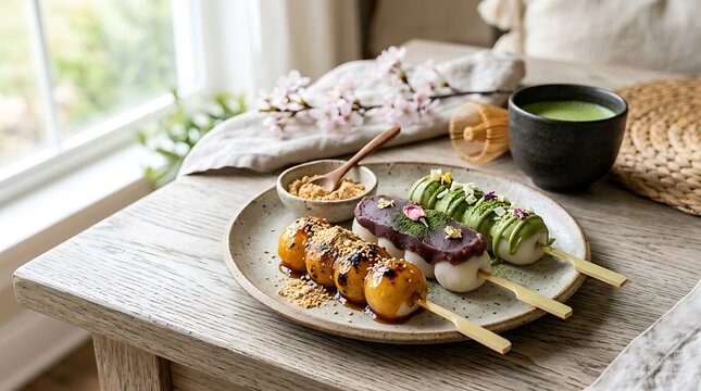 A plate of sweet dango toppings including mitarashi, red bean paste and matcha served with green tea