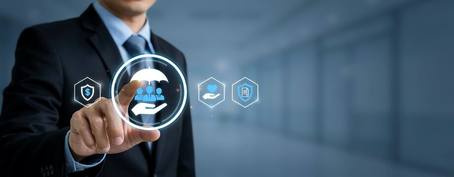 Businessman touching digital insurance and protection icons on a virtual interface screen.
