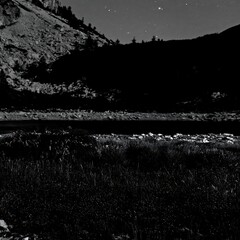 Obraz premium Starlit meadow under a mountain at night