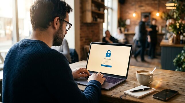Man typing on laptop with secure access screen in cafe