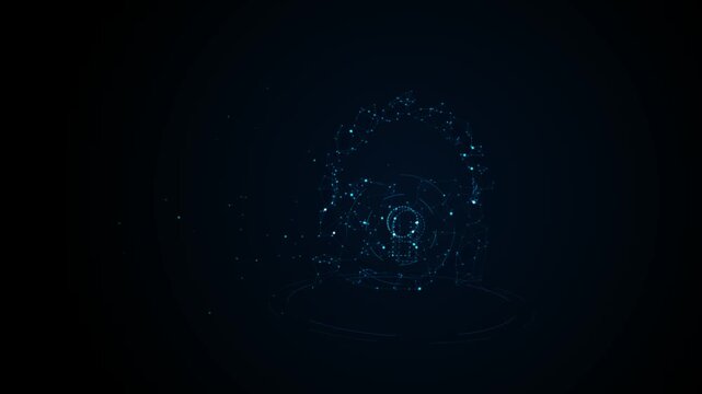 Abstract digital network representation of a lock symbol formed by glowing blue particles and lines