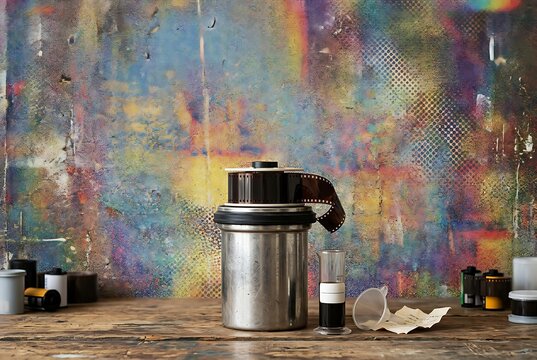 Vintage Stainless Steel Film Developing Tank with Film Rolls and Equipment on Wooden Table.