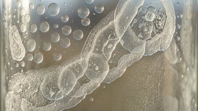 Macro closeup of frozen glass surface featuring delicate ice crystals circular frost patterns cracked translucent formations scattered droplets condensation winter texture intricate crystalline detail