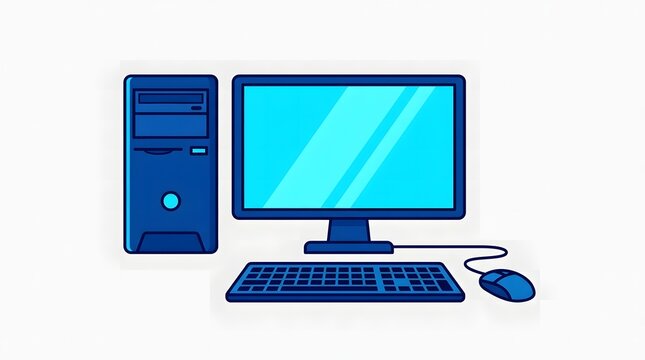 Desktop computer tower with monitor keyboard and mouse illustration pc workstation office computer