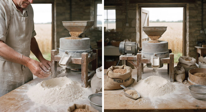 Artisan miller grinding wheat into fresh flour with a traditional stone mill inside a rustic workshop, highlighting grain processing, baking ingredients, and traditional food production.