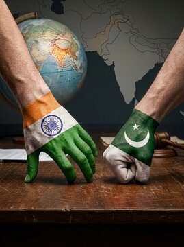 Diplomatic tension and geopolitical confrontation of India and Pakistan. Diplomatic negotiations, political commentary, security discussions, conflict management, peace initiatives, and global affairs