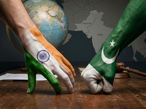 Diplomatic tension and geopolitical confrontation of India and Pakistan. Diplomatic negotiations, political commentary, security discussions, conflict management, peace initiatives, and global affairs