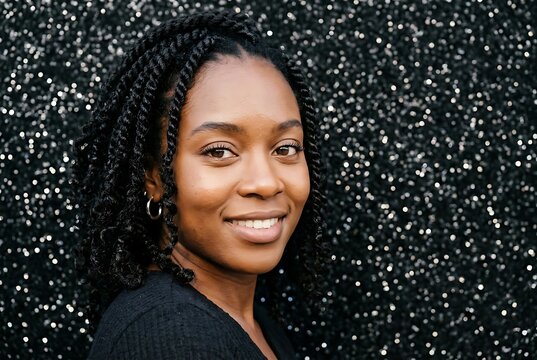 Portrait of smiling young African American woman with braided hair against sparkling black glitter background.