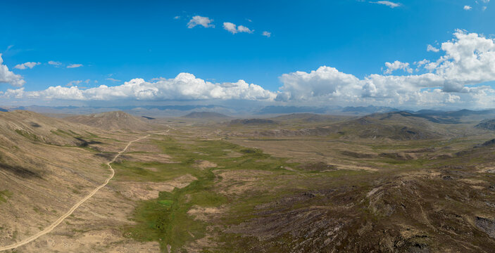 Vast Deosai Plains with a solitary winding dirt road traversing the sprawling green and brown alpine steppe