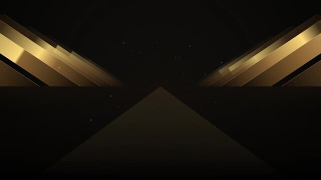 Luxurious golden geometric background with floating particles and a reflective triangular shape suggesting prestige and elegance