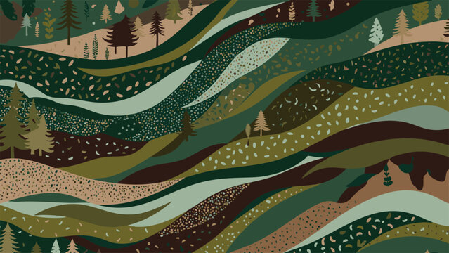 Nature Bell Icon with Flowing Forest Stripes and Earth-Tone Landscape &mdash; Editable Vector