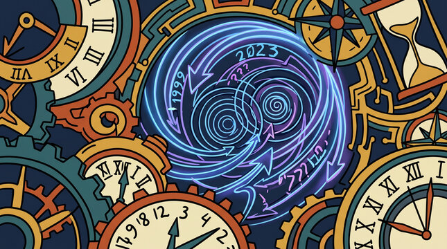 Abstract vector artwork of steampunk clockwork gears hourglass and glowing blue time portal vortex