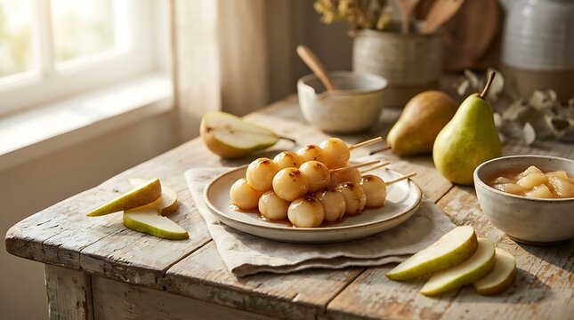 Delicious homemade pear dango with sweet sauce on a rustic wooden table featuring fresh pears and autumn vibe