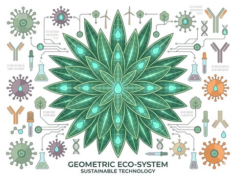 Abstract geometric eco-system mandala representing sustainable green technology, biotechnology, renewable energy, and environmental science concept vector illustration.