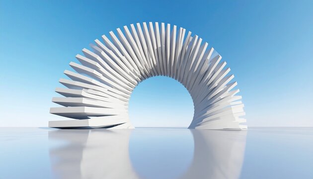 Minimalist White Abstract Spiral Archway Sculpture on Reflective Surface
