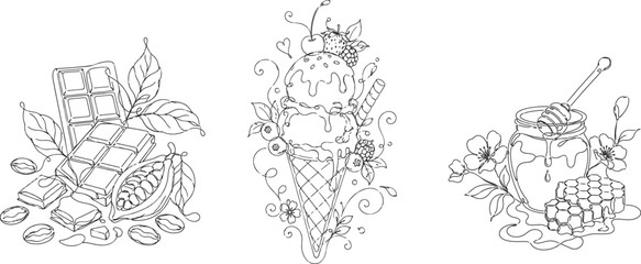 Obraz premium Chocolate ice cream and honey illustrations showcase detailed line art on a white background