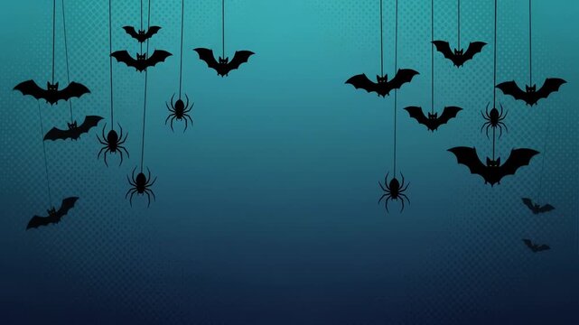 Bats and spiders hang from silken threads against a dark teal gradient background that provides ample space for custom text or creative design elements in this spooky seasonal festive layout.