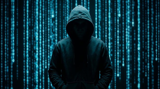 Person in hoodie with digital binary code background