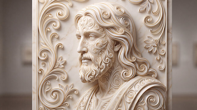 Ivory marble relief of bearded Jesus-like man with ornate swirling face, hair and robe patterns, floral scroll borders