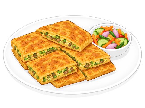 Indonesian Savory Egg Martabak (Martabak Telur) vector illustration filled with minced meat and scallions, served with pickled cucumber, carrots, and shallots (acar) on a plate, isolated on white back