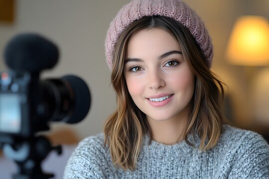 Young woman wearing a knitted beanie recording a video tutorial with a camera on a tripod
