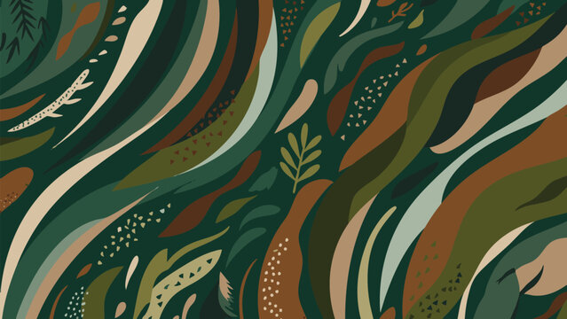 Abstract Forest Foliage Pattern in Blue Green Brown and Beige