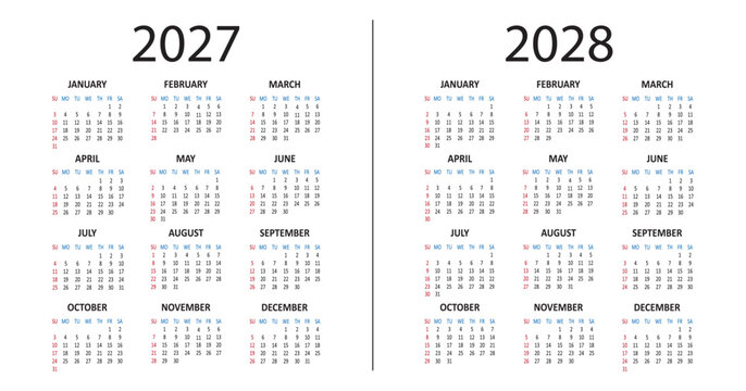 American calendar 2027, 2028 years. Week starts on Sunday. Simple business daily USA banner. Vector illustration isolated on white background