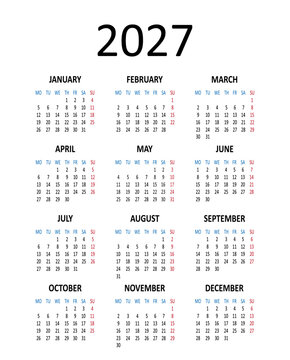 European calendar 2027 year. Week starts on Monday. Vector illustration isolated on white background
