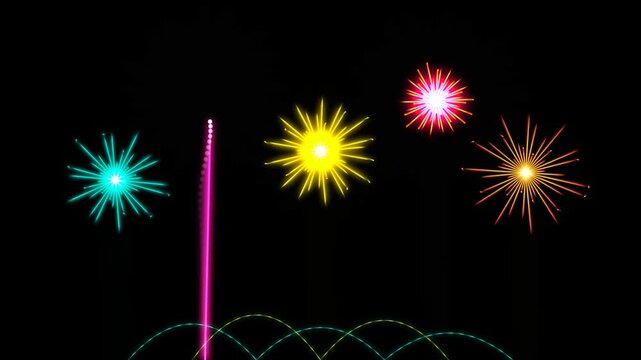 Abstract glowing fireworks exploding in the night sky with neon light trails
