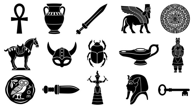 Ancient History Artifacts and Cultural Symbols Black and White Glyph Icon Set for Archaeology and Education