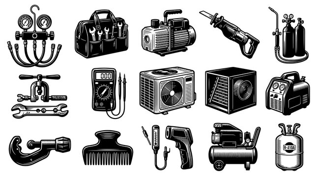 HVAC Technician Tools Collection - Vintage Black and White Engraving Style Line Art Icons