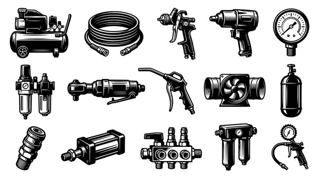 Engraved Vector Set of Industrial Pneumatic Air Tools  Equipment: Compressor, Sprayer, Wrench
