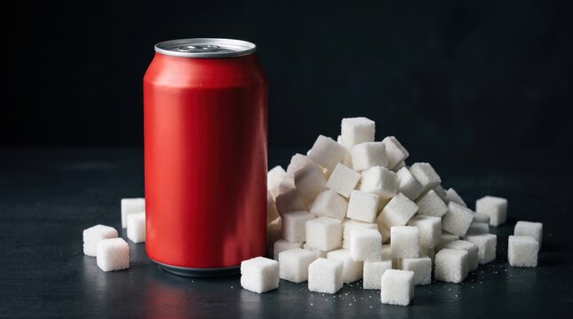Unbranded red soda can surrounded by white sugar cubes on a dark background, illustrating added sugar, sweetened beverages, unhealthy nutrition, calories and dietary concerns