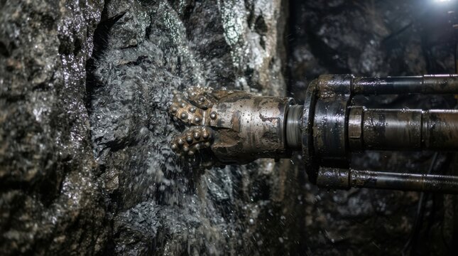 Tungsten carbide drill bit cutting fractured granite with slurry spray in deep rock drilling.